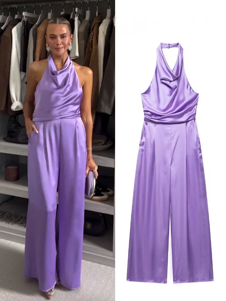 

HH Women Summer Silk Satin Textured Halter Neck Sleeveless Jumpsuit Female Zipper Backless Fold Streetwear Wide Leg Jumpsuit