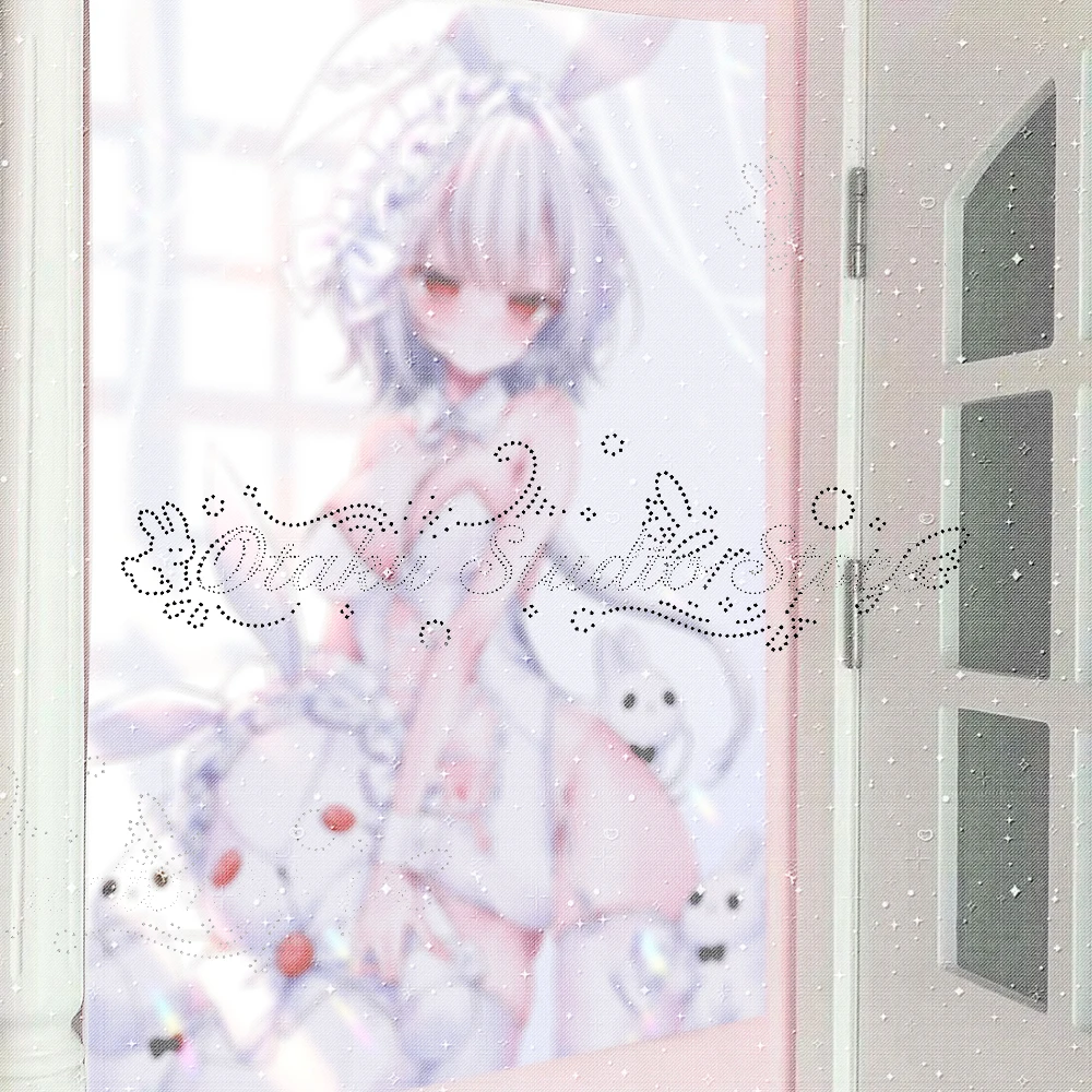 やみかわいい Yami Kawaii Galgame White Bunny Girl Anime Wall Tapestry ハラジュク Harajuku Rorita Short Silver Hair Red Eyes Lace Corset Bun