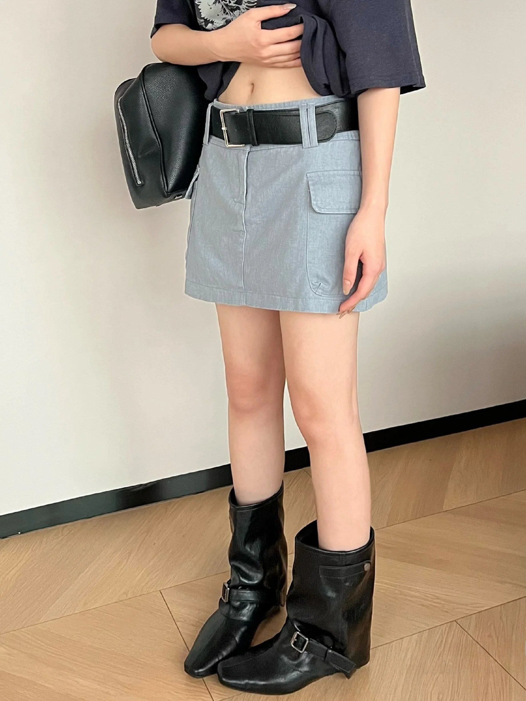 

Casual Workwear Style Skirt Women's Summer Thin High Waist A-Line Skirt with Pockets Anti-static Inner Lined Short Skirt