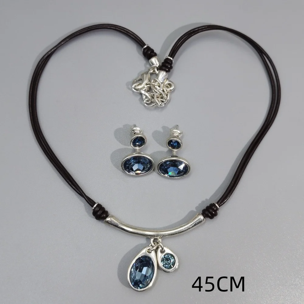 2026 Spain Fashion Shiny Colorful Zircon Earrings Leather Rope Necklace Jewelry Set Charm Gift
