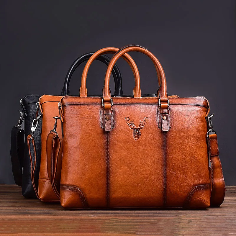 Real Genuine Leather Men Briefcase Natural Cowhide Handbag Vintage Casual Computer Bag Fashion Crossbody Bag Laptop Shoulder Bag