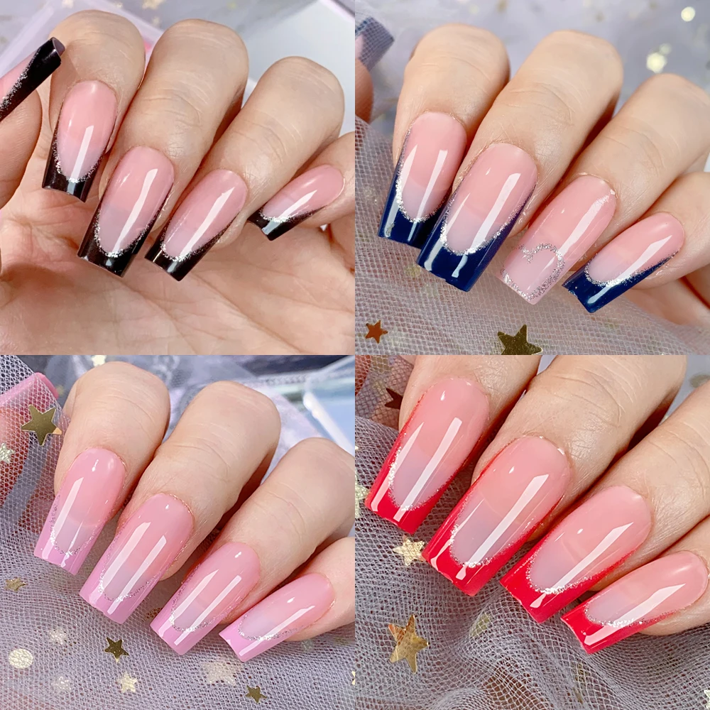 96 шт., длинные гробы, французские накладные ногти, розовые, красные, черные, блестящие, французские накладные ногти, акриловые, с полным покрытием, телесные накладные ногти балерины # @