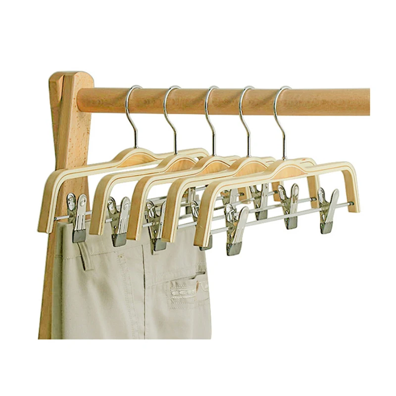 10 PCS Solid Wood Non-slip Hangers Bamboo Wood Ply Pants Clip Hanger Adult Trousers Organizer With Pant Clips Wooden Pants Rack