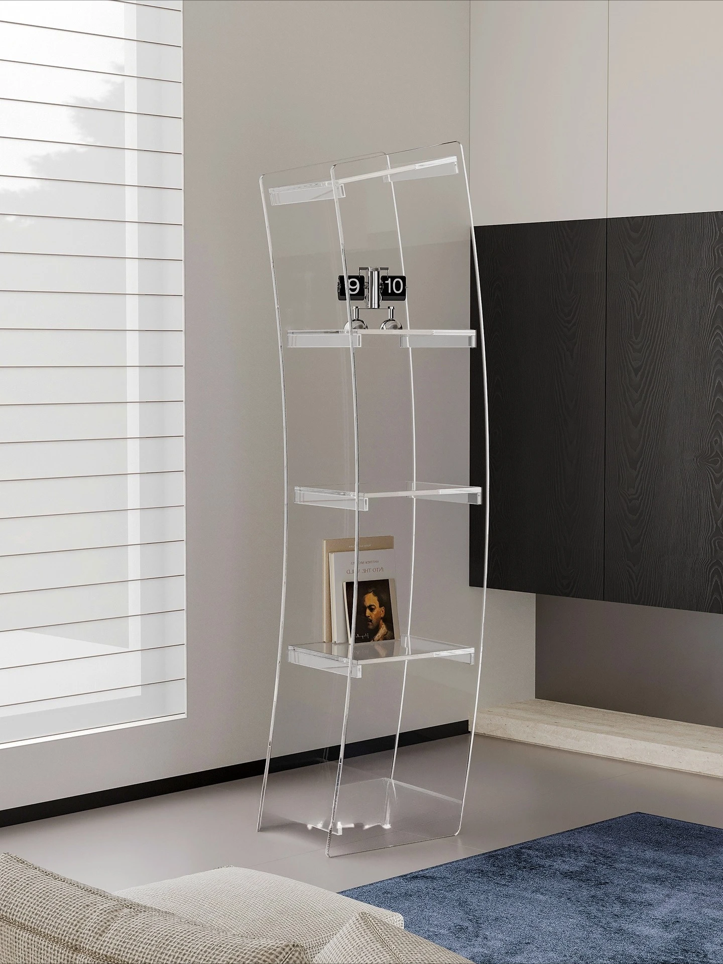 

Floor-to-ceiling shelves, living room integrated against the wall, bookcase, corner storage cabinet, transparent