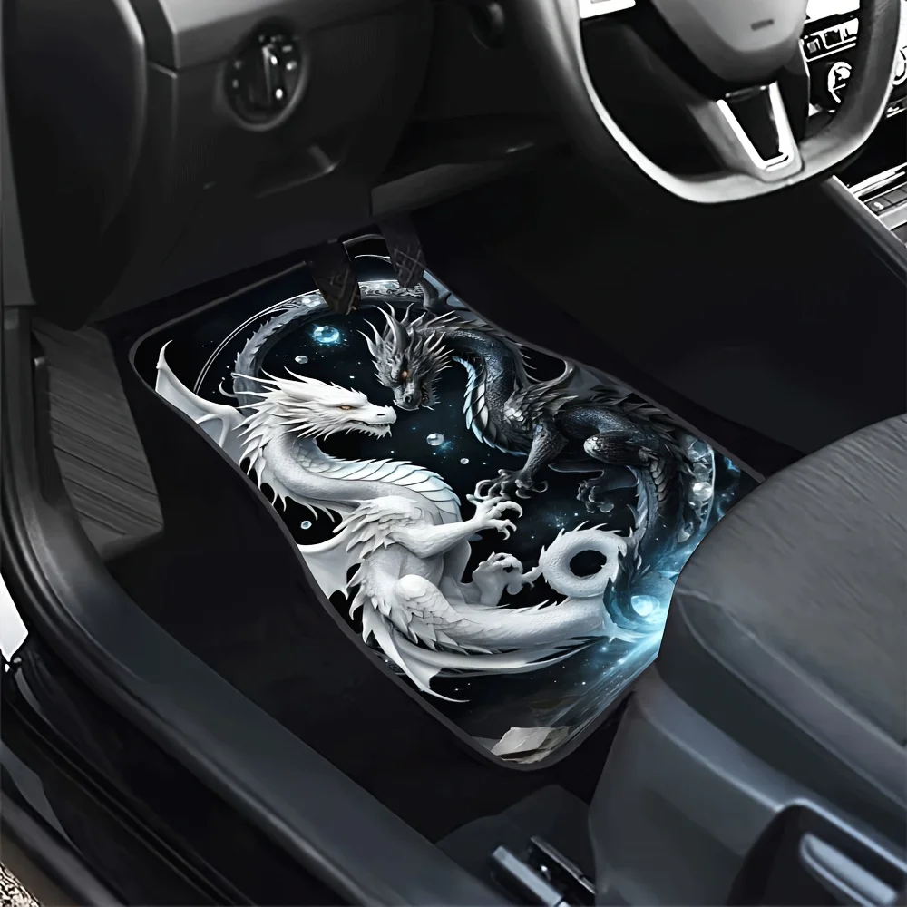 4pcs Black And Double Dragon Pattern Car Floor Mat Set, Universal Anti-Slip Protection And Dust-Proof Front And Rear Mats, Car I