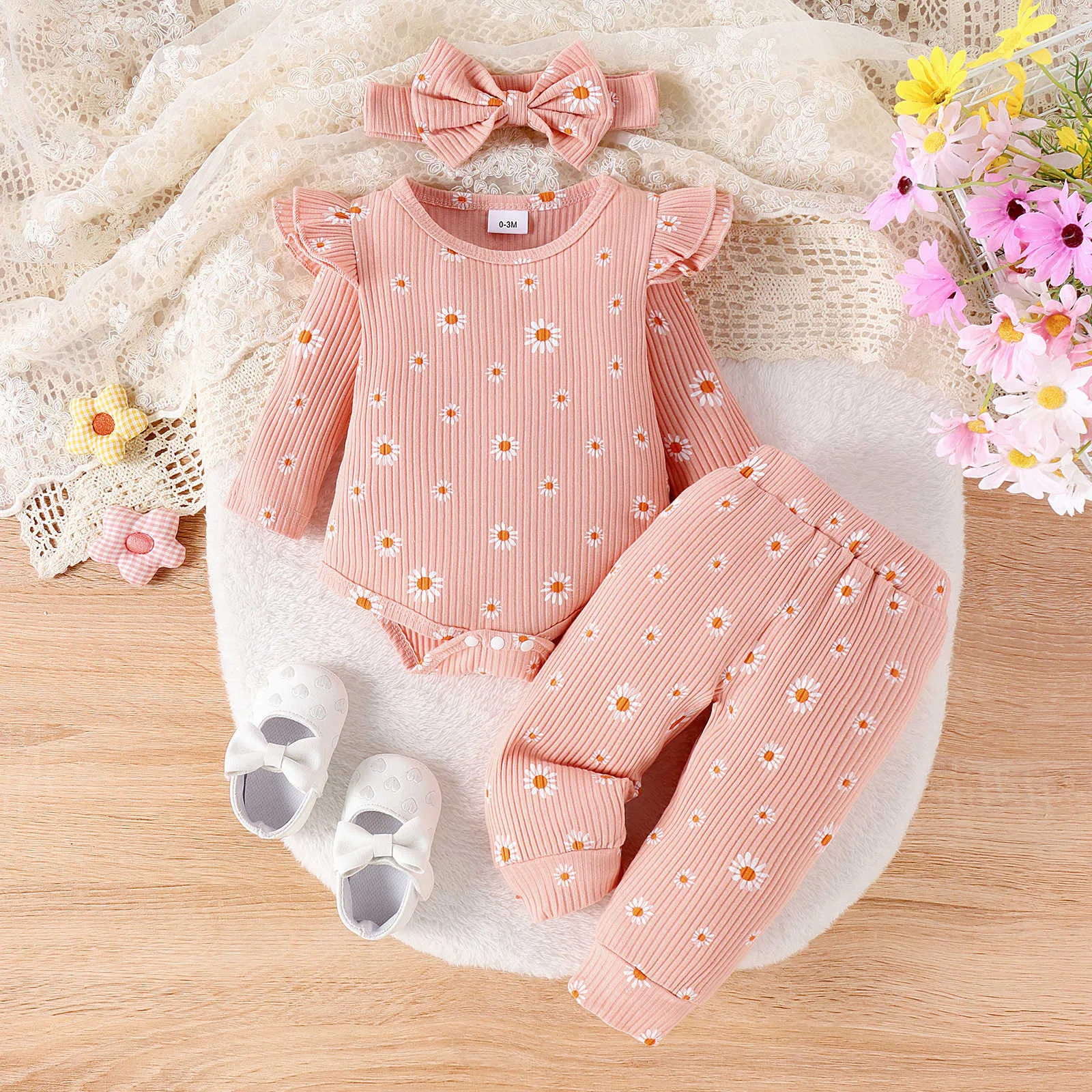 3 6 9 12 Months Infant Baby Girls Clothes Sets Autumn Winter Long Sleeve Ruffles Bodysuit+Floral Print Pants+ Headbands Outfits