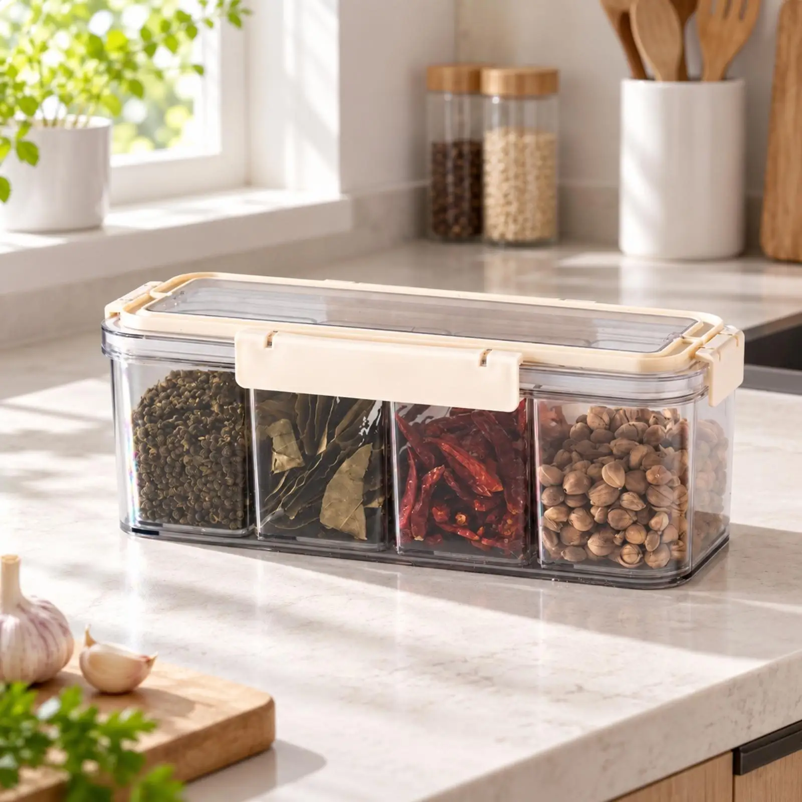 Kitchen Spice Box with Divided Interior for Peppercorns and Herbs Space Saving Pantry Storage Solution