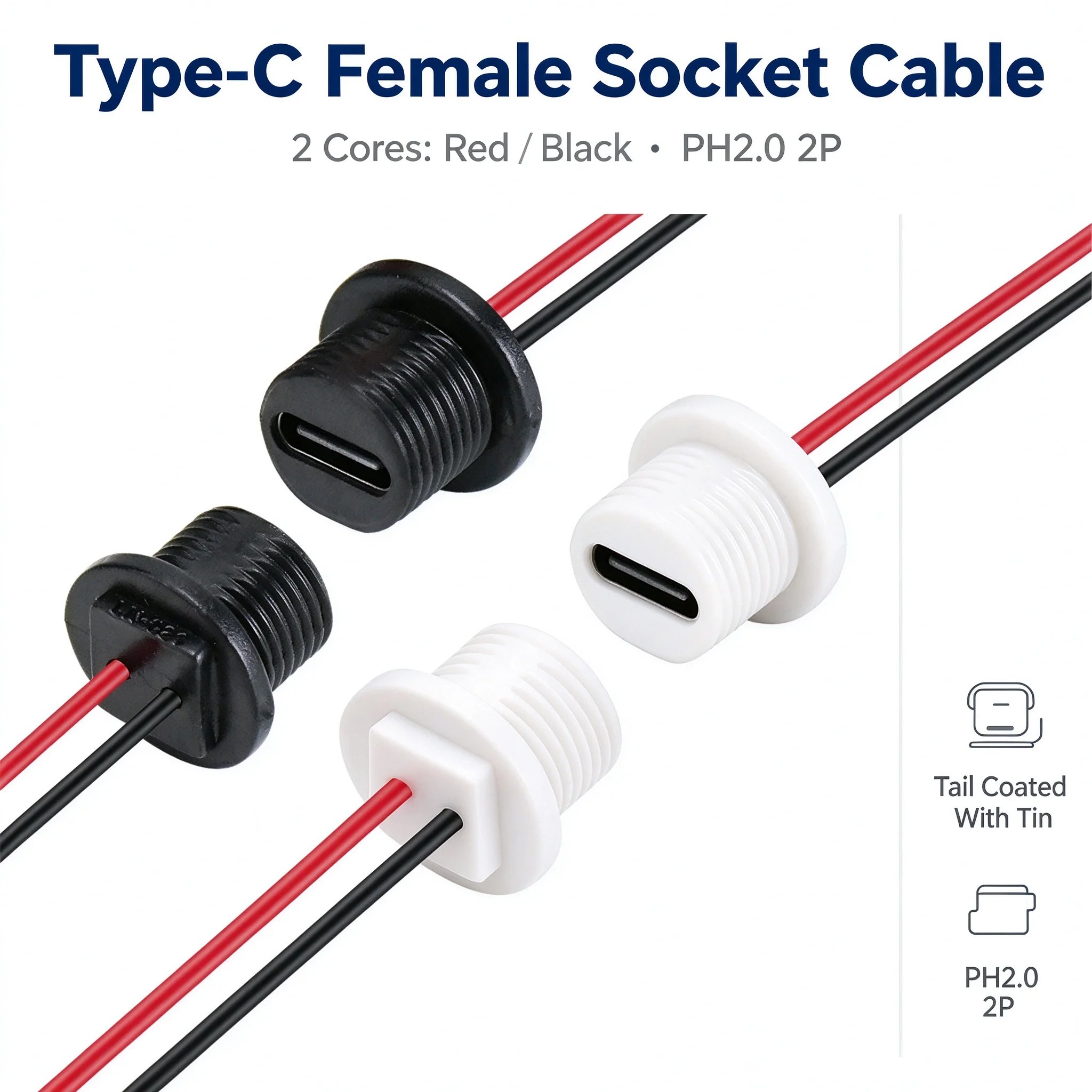 2Pin Threaded Panel Mount Type-C Female Socket PH2.0 2P Or Tinned Ends USB C Charging Connector For Electronic DIY Project