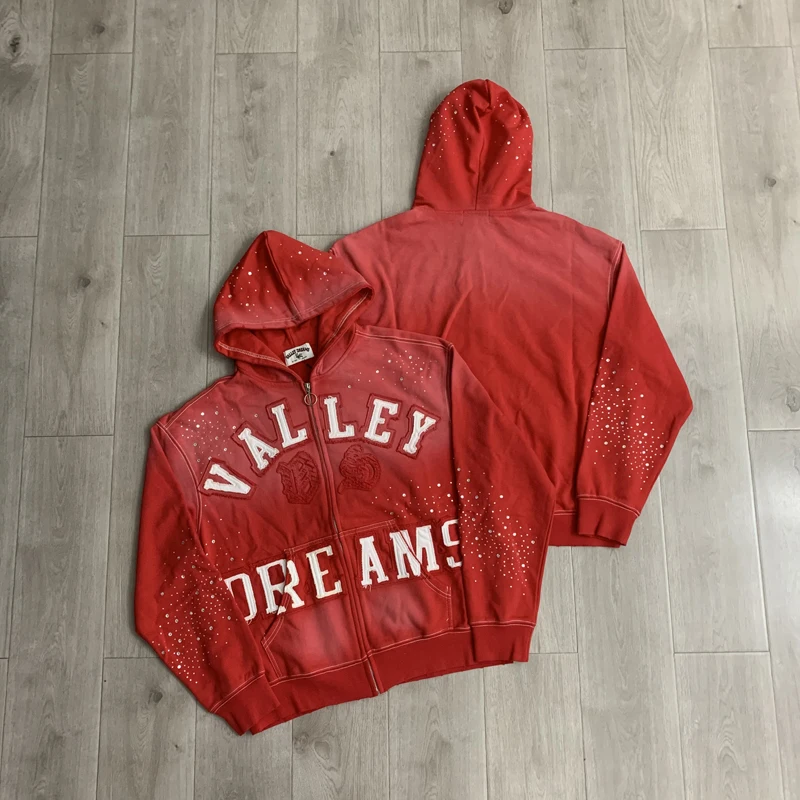 VALLEY Oversized Vintage Graffiti Cursive Text Zip Hoodie All Over Print Fit Y2K Hip Hop Sweatshirt Men's Clothing