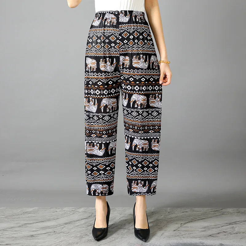 Ice Silk Loose Wide Leg Pants Women Summer Thin Floral Print Casual Loose Fit Nine Points Mid-aged And Elderly Mom Comfortable