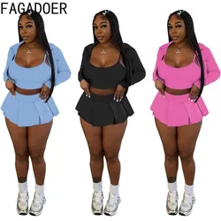 FAGADOER Spring New Y2K Solid Color Pleated Skirts Three Piece Sets Women Vest + Long Sleeve Crop Coat + Mini Skirts Streetwear