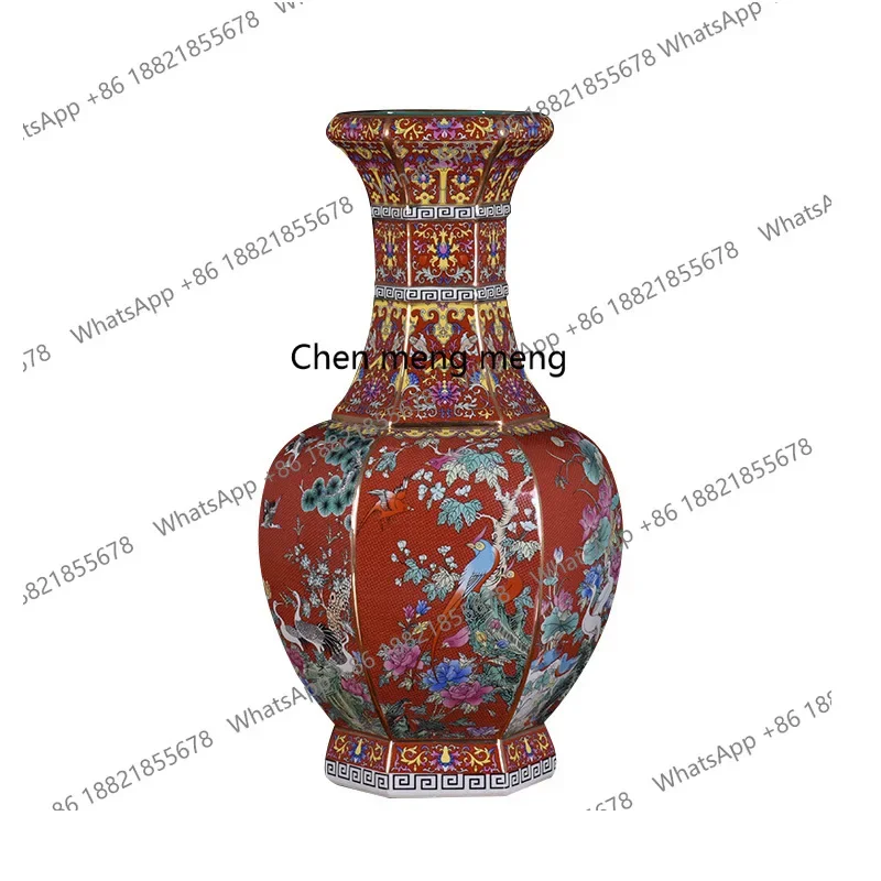 H178Qing Qianlong enamel color gold-painted blue flower and bird hexagonal bottle handicraft antique porcelain