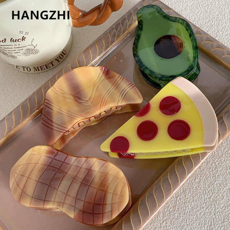 HangZhi Funny Brown Cow Horn Bun Pizza Food Hair Clip Avocado Fruit Bread Hair Claw Cute Peanut Shark Clip Y2K Hair Jewelry