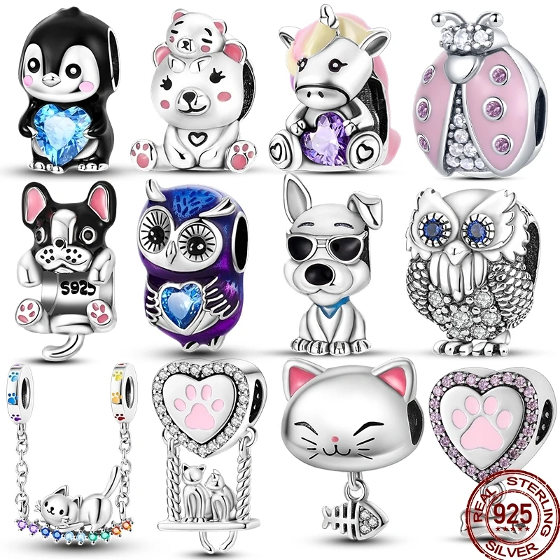 

100% 925 Sterling Silver Cute Pet Animal Owl Cute Puppy Pink Kitten Charm Beads Suitable For Pandora Original Bracelet Diy