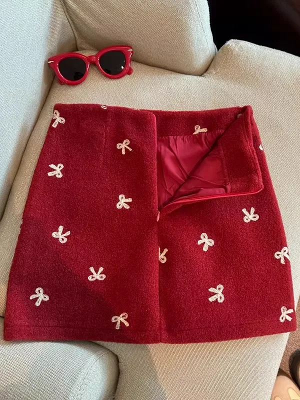

Red Woolen Knot Embroidery Skirt Women's Autumn Winter Sweet Spicy Cisas Outfit A-Line ort Skirt Ele...