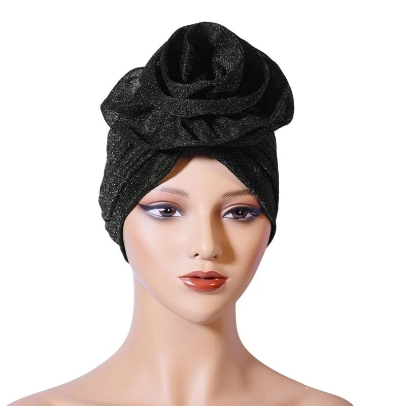 

652F Shining Yarn Turban Caps Hijab Bonnet Hat Headwrap for Female Multiuse Ethnic Flower Turban African Hat for Formal Casual