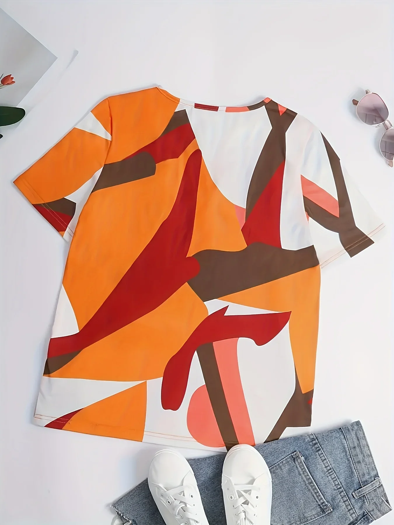 Plus Size 1XL-5XL Women's Spring and Summer Clothing Casual Color Blocked Short Sleeved T-shirt with Button Design on The Collar