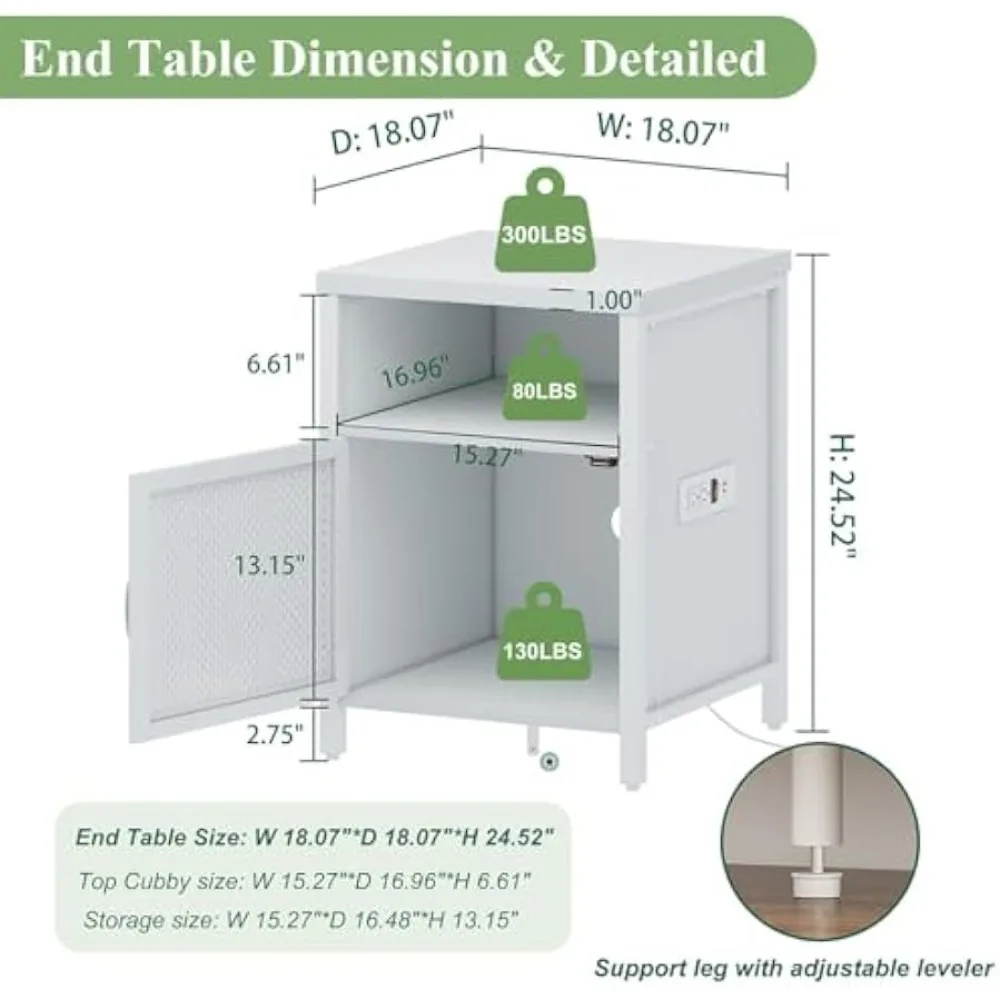 Side Table for Living Room, Modern End Table with Storage, Nightstand with Metal Door (White Oak)