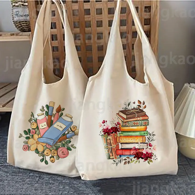 ดอกไม้หนังสือพิมพ์กระเป๋าสะพายหนังสือวรรณกรรมดอกไม้ Tote กระเป๋าภาพประกอบสาวกระเป๋าหนังสือเดินทาง Harajuku ผ้าใบกระเป๋าถือ