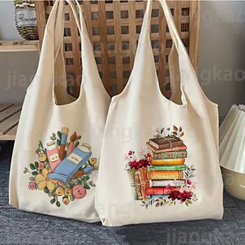 Livros florais impresso bolsa de ombro literatura livro flor sacolas ilustração meninas saco de livro viagem harajuku lona bolsa