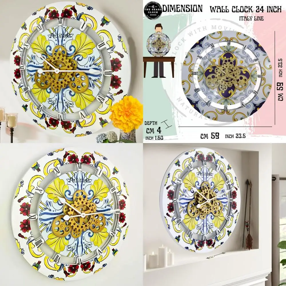 

24 Inch Round Wall Clock with Moving Gears - Italian Positano Design Collection, Unique Timepiece