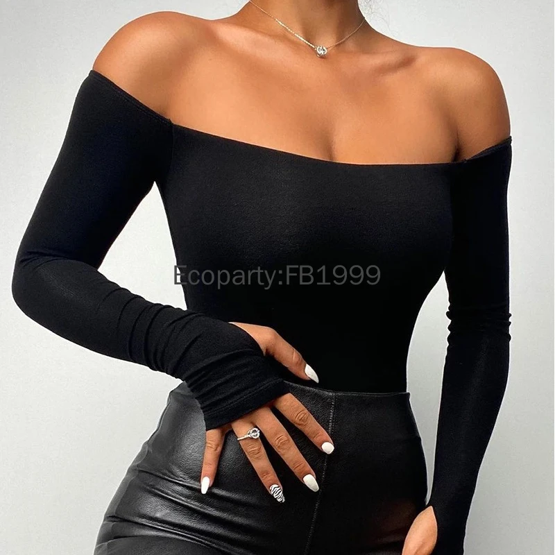 9 Types Women Fashion Slim Fit Off-shoulder Long-sleeved T-shirts Black Sexy Mock Neck Bodycon Tees Shirts Spring Autumn Tops