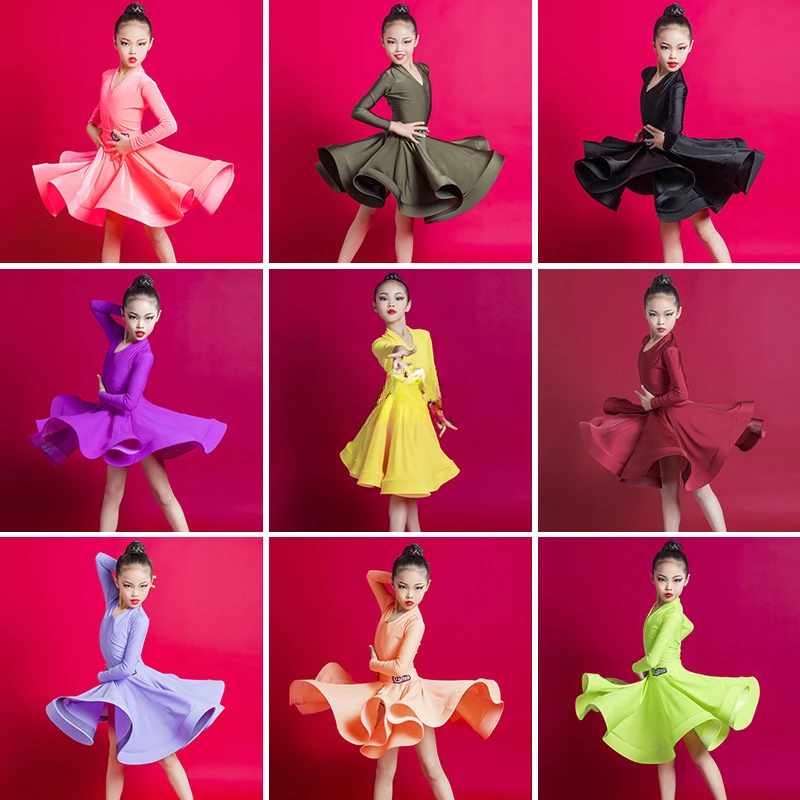 Children Professional Dance Outfits Elegant Long Sleeve Latin American Dance Dress Girls Practice Skirt Dancewear Stage Costume