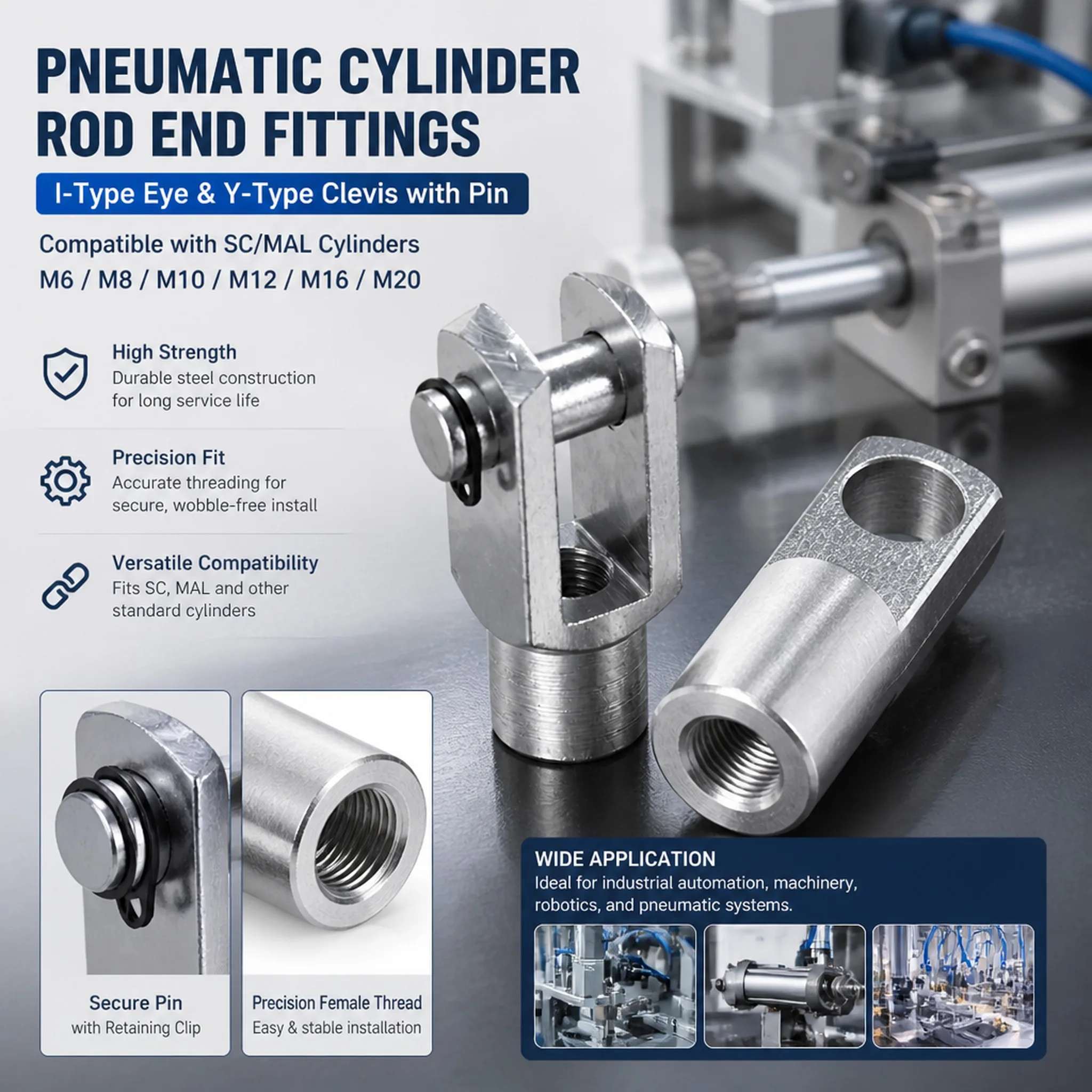 Pneumatic Cylinder Rod End I-Type Eye Y-Type Clevis with Pin Female Thread M6 M8 M10 M12 M16 M20 for SC MAL Cylinders