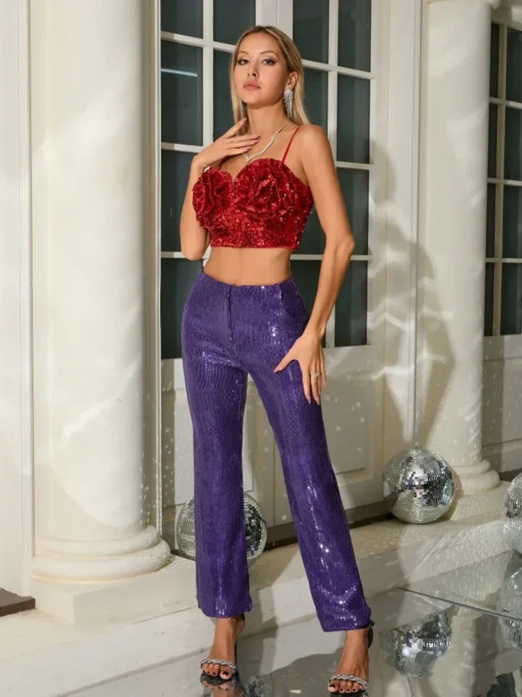 2025 calças sexy conjuntos de 2 peças feminino flor vermelha rendas topo de colheita + roxo roxo lantejoulas calças ternos pista ternos de festa à noite