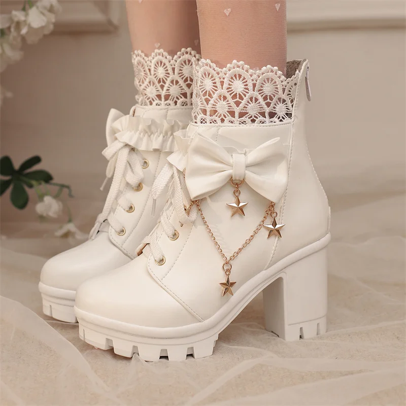 

YQBTDL 2025 милые женские ботильоны на платформе в стиле Лолиты, женская обувь на очень высоком каблуке с цепочкой и шнуровкой, вечерние женские туфли принцессы для косплея, розовые