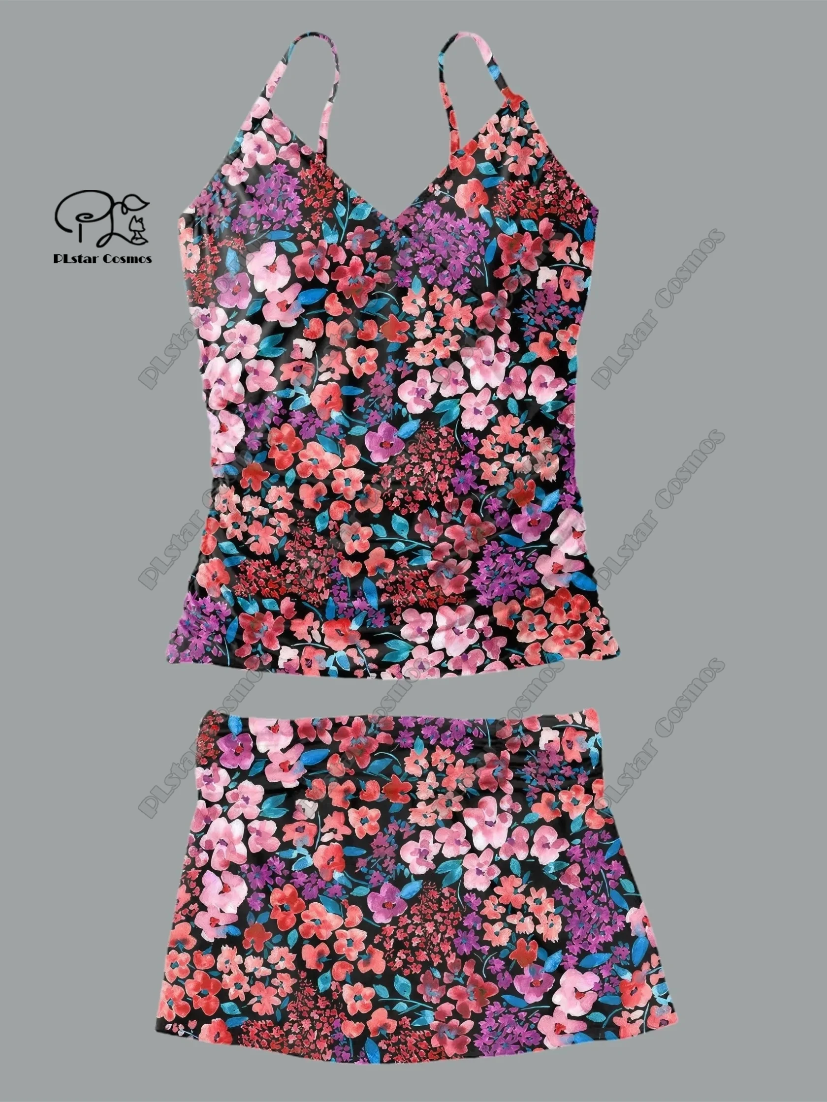 Women's v-neck summer retro floral 3D print suspender skirt style two piece swimsuit suit holiday travel new swimsuit   f-9