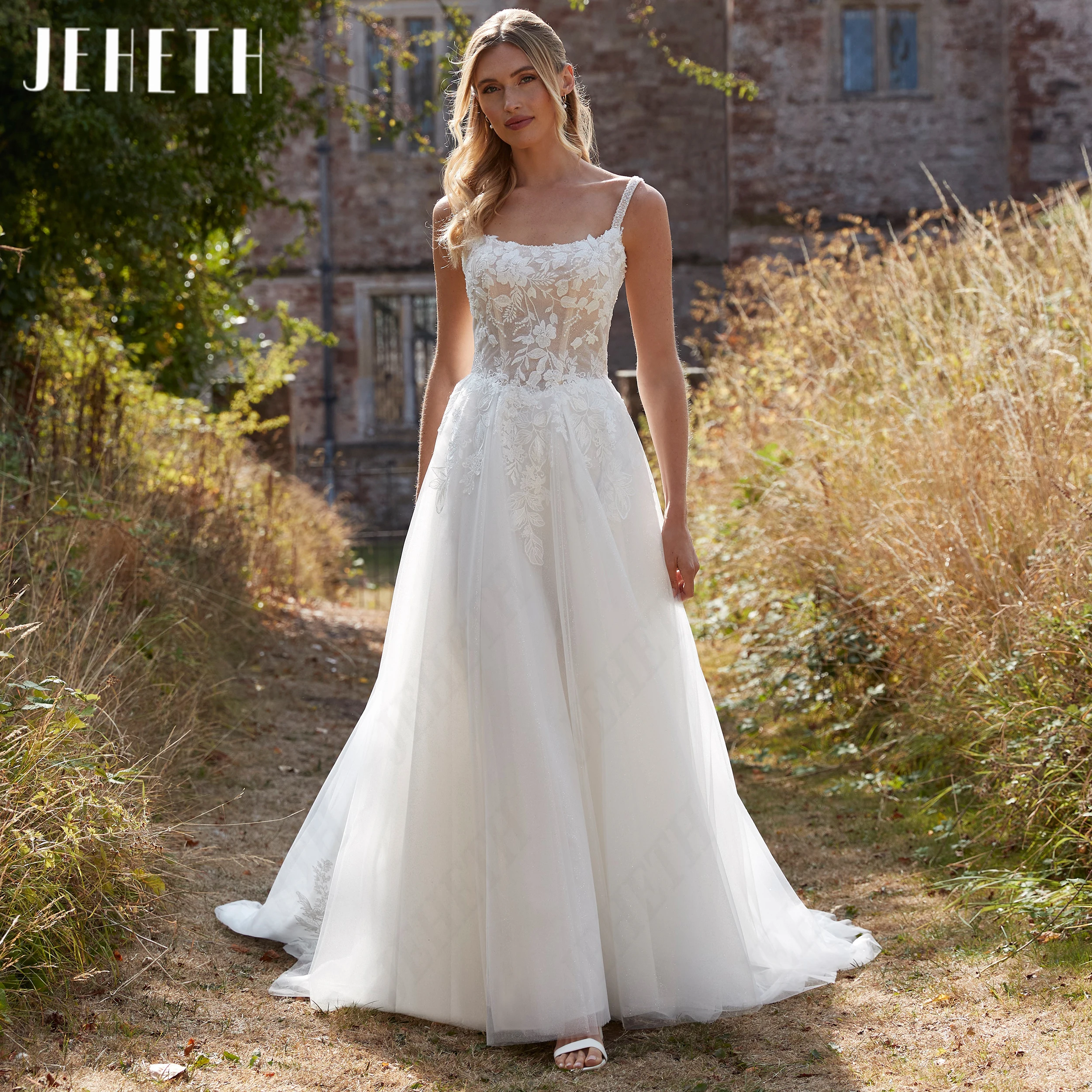 JEHETH Sparkled Tulle Wedding Dresses Lace Applique Bride Party Dress Spaghetti Straps халат свадебный For Women Customized