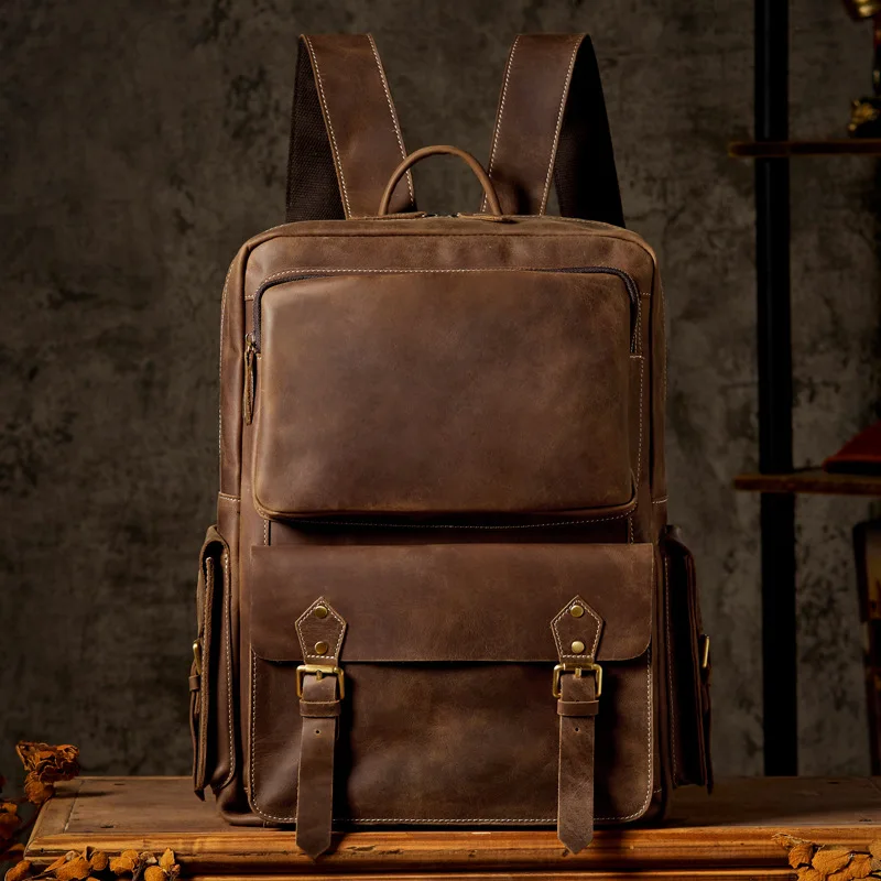 2025 New Genuine Leather Men's Backpacks Vintage Travel Backpack Large Capacity Crazy Horse Leather Computer Bags
