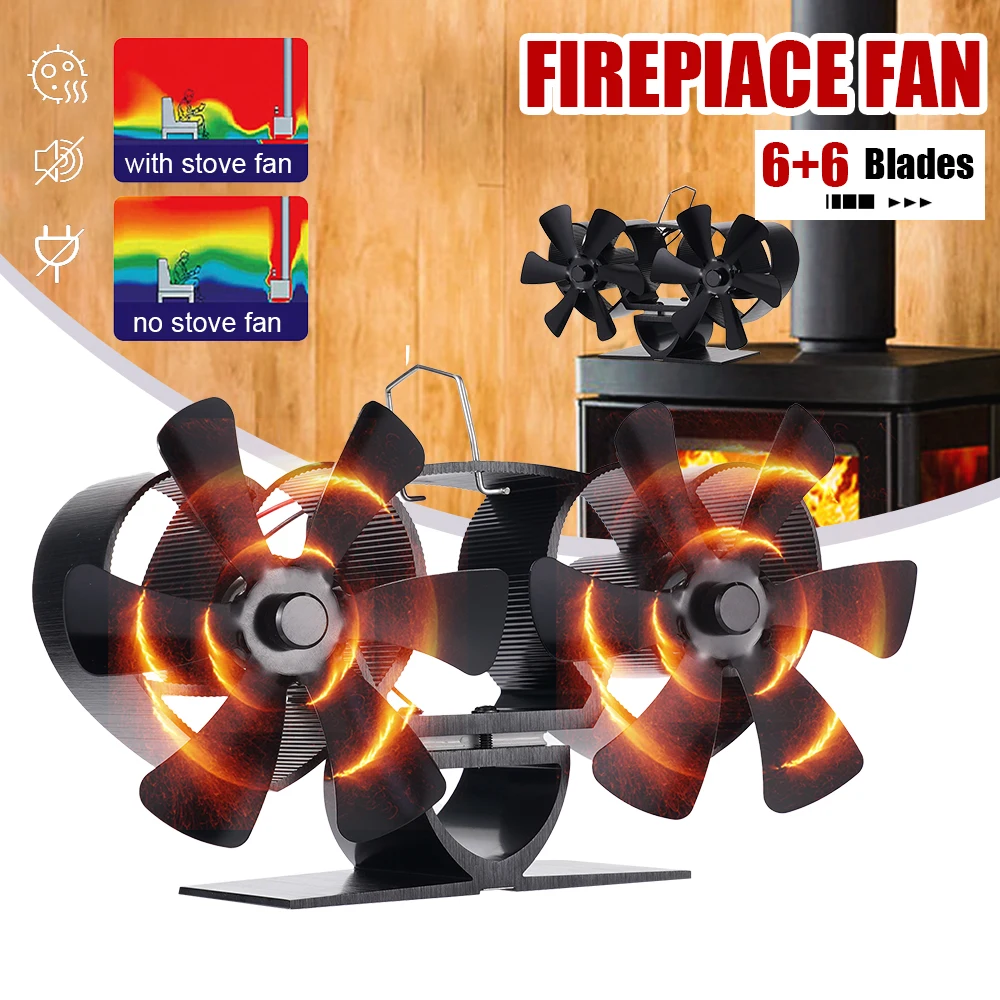 Fireplace Fan Dual Head 12 Blades Heat Powered Stove Fan Log/Wood/Pellet Burner Eco-fan Quiet Home Efficient Heat Distribution