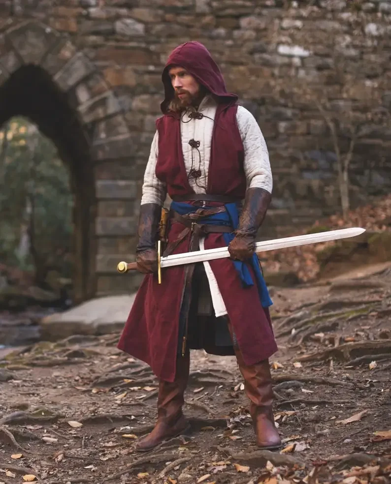 Sobrecamisa Abierta de Lino - Túnica Medieval para Adulto con Capucha, Capa Vikinga, Disfraz Renacentista para Cosplay LARP