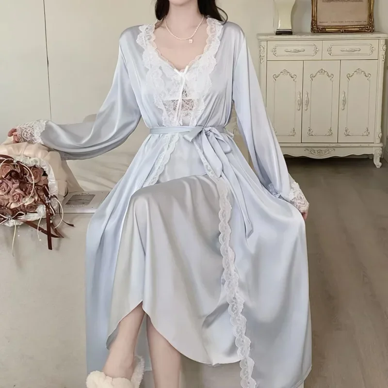Spring New Nightgown Women Bride Wedding Dress Sweet Lace Patchwork Robe Set Nightdress Elegant Lingerie Summer Long Kimono Gown
