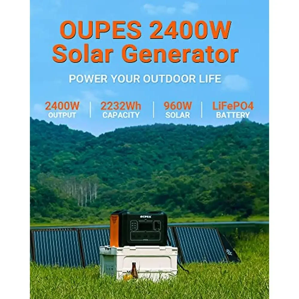 2400W Solar Power Generator 2232Wh Portable LiFePO4 Battery Station 5 AC Outlets 5000W Peak Home Emergency RV Camping Backup