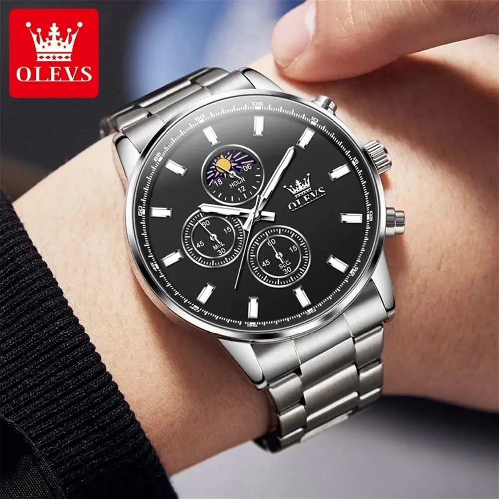 OLEVS 2902 Stainless Steel Men\'s Watches Simplicity Luxury Top Original Chronograph Waterproof Moon Phase Quartz Watch for Men