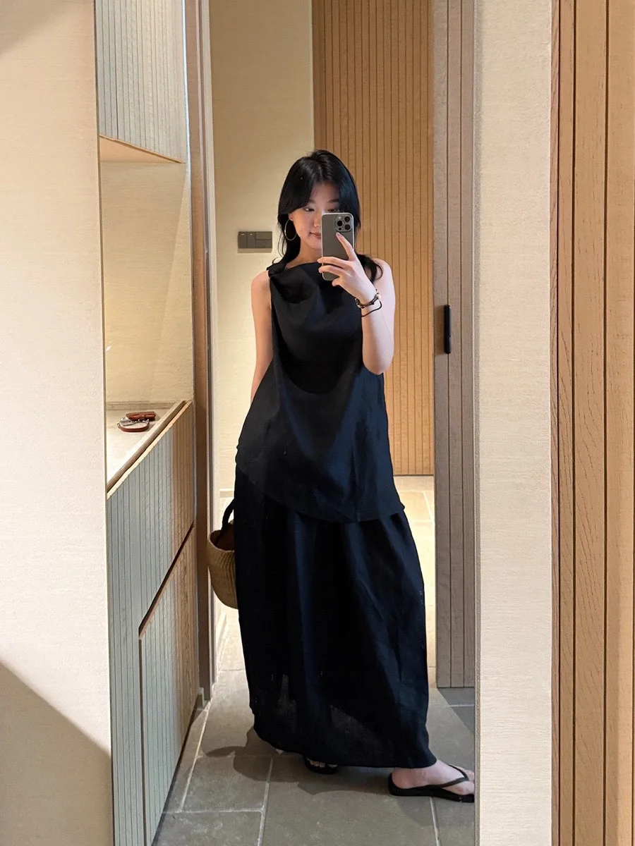 

Blue Summer Casual Linen Vest And Skirt Set Women's Knot Twist Casual Faion Ensemble Adult Summer Collection