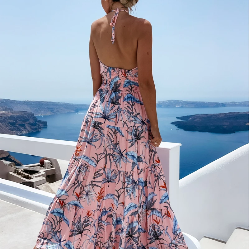 Happie Queens kobiety kwiatowy nadruk z długim rękawem plaża luźna artystyczna sukienka maxi damska dekolt w serek Boho sundress Vestidos sukienki damskie