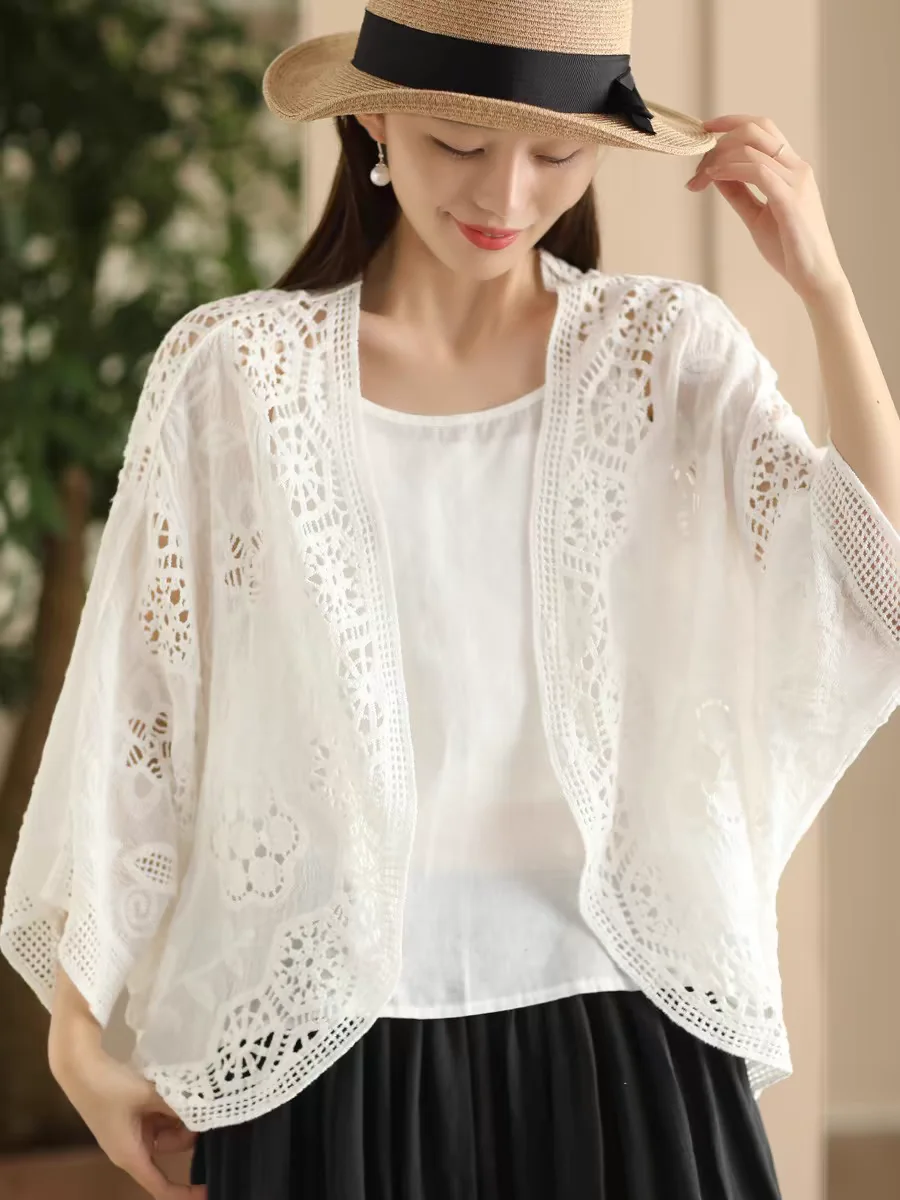 

Retro Heavy Work Cotton Jaet Women's Embroidered Open Cardigan Hollow out Design V-Ne ort Outerwear Summer Faion