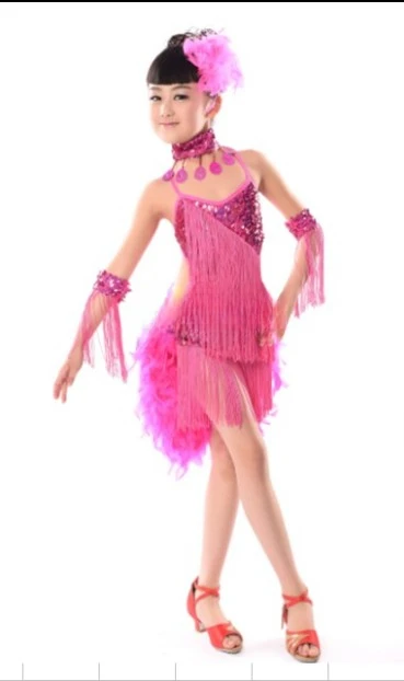 Robe de danse latine professionnelle pour enfants, robe de concours de danse de salon pour filles, robe de danse Suladin à nouveau flux de plumes à paillettes