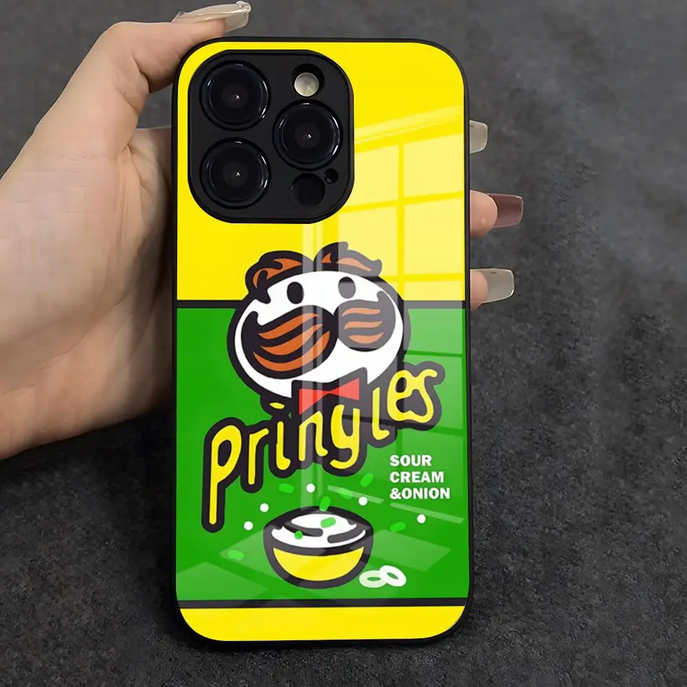 Funda de cristal negra con diseño de Pringles para iPhone 17 Air 16 E Pro Max 15 14 13 Mini 12 Pro 11 Max Plus