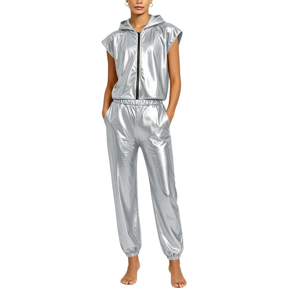 Women Fashion Metallic Two Sets Outfits Sleeveless Hooded Tops with High Waist Pants Set Music Party Shiny High Look Costume