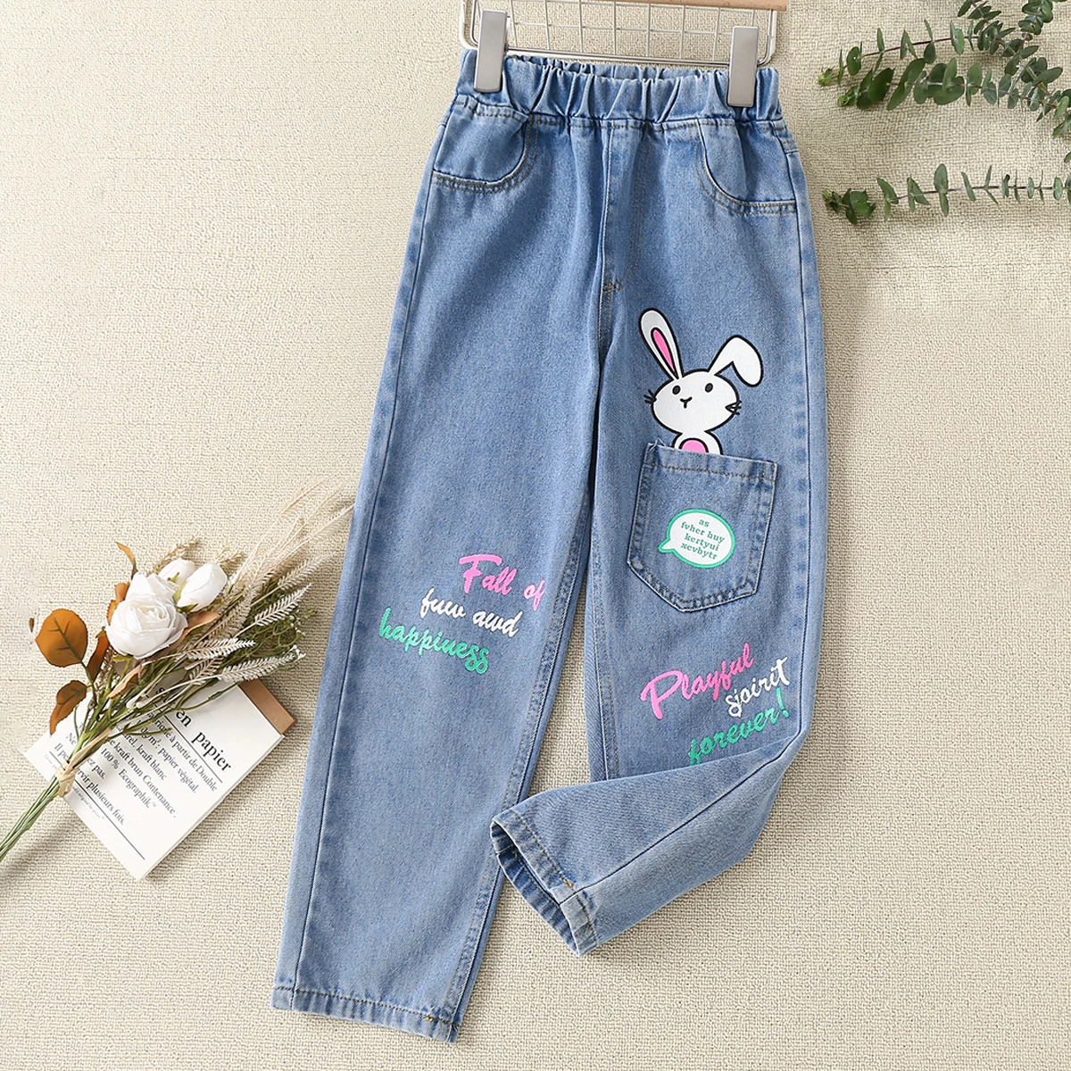 

Young Kids Print Jeans for Girls Denim Pants Wide Leg Spring Autumn Teenagers Children Clothes Baby Trousers 6 8 10 12 13 Years