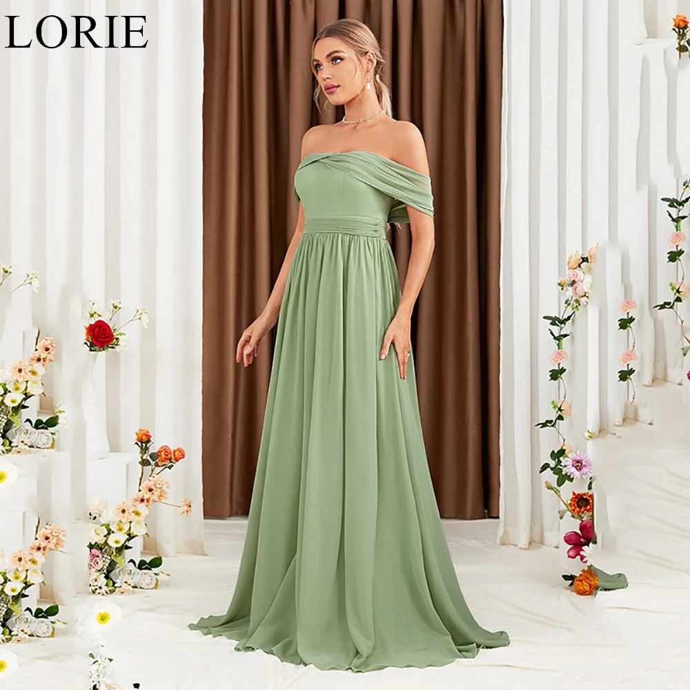 LORIE Elegant Green Chiffon Bridesmaid Dresses Off Shoulder Ribbon Draped A-Line Pleated Wedding Party Prom Gown 2024 Customized