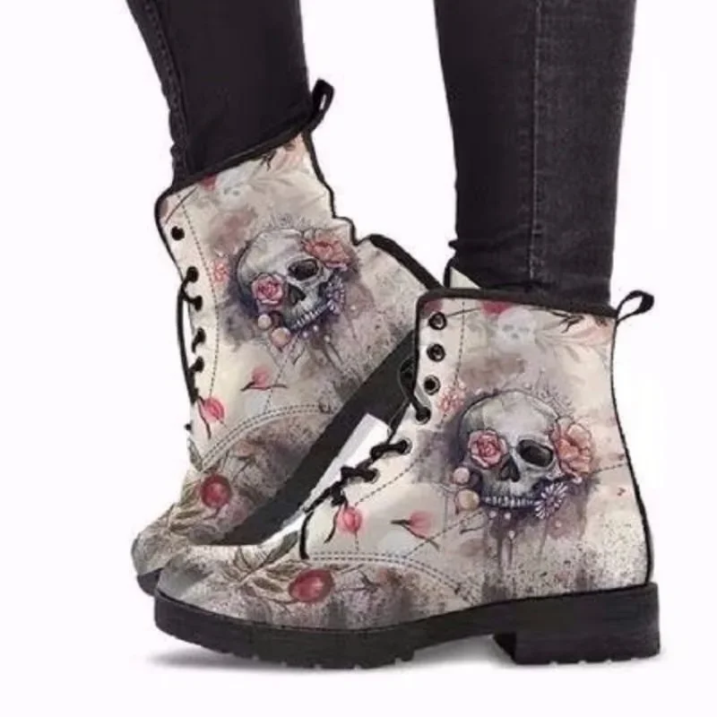 Large size women's boots with fashionable and comfortable print, spring and autumn high top skull pattern for women's boots