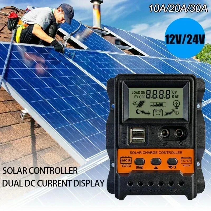 12V 24V PWM Solar Charge Controller 10A 20A 30A Solars Plate Controllers Sola r Panel Battery Regulator Dual USB 5V LCD Display