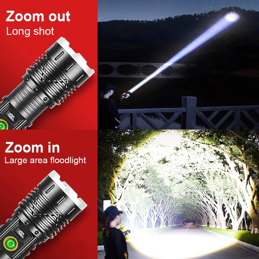 1000000LM Most Powerful Led Flashlight Rechargeable 800W LED Flashlights High Power Zoom Torch Long Range 3000m Tactical Lantren