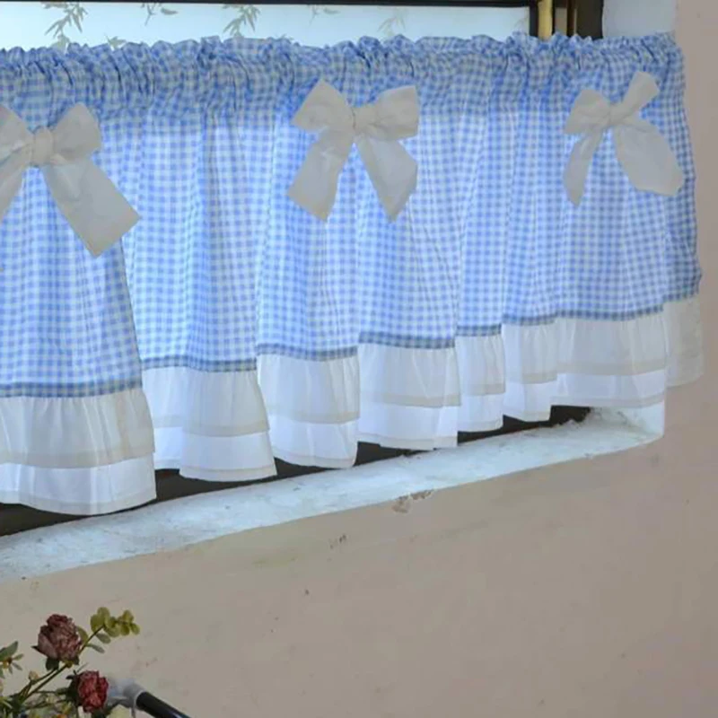Japanese Sweet Pink/Blue Bow Tie Short Curtains Living Room Korea Double Layer Ruffles Lattice Half Curtains for Kitchen #A183